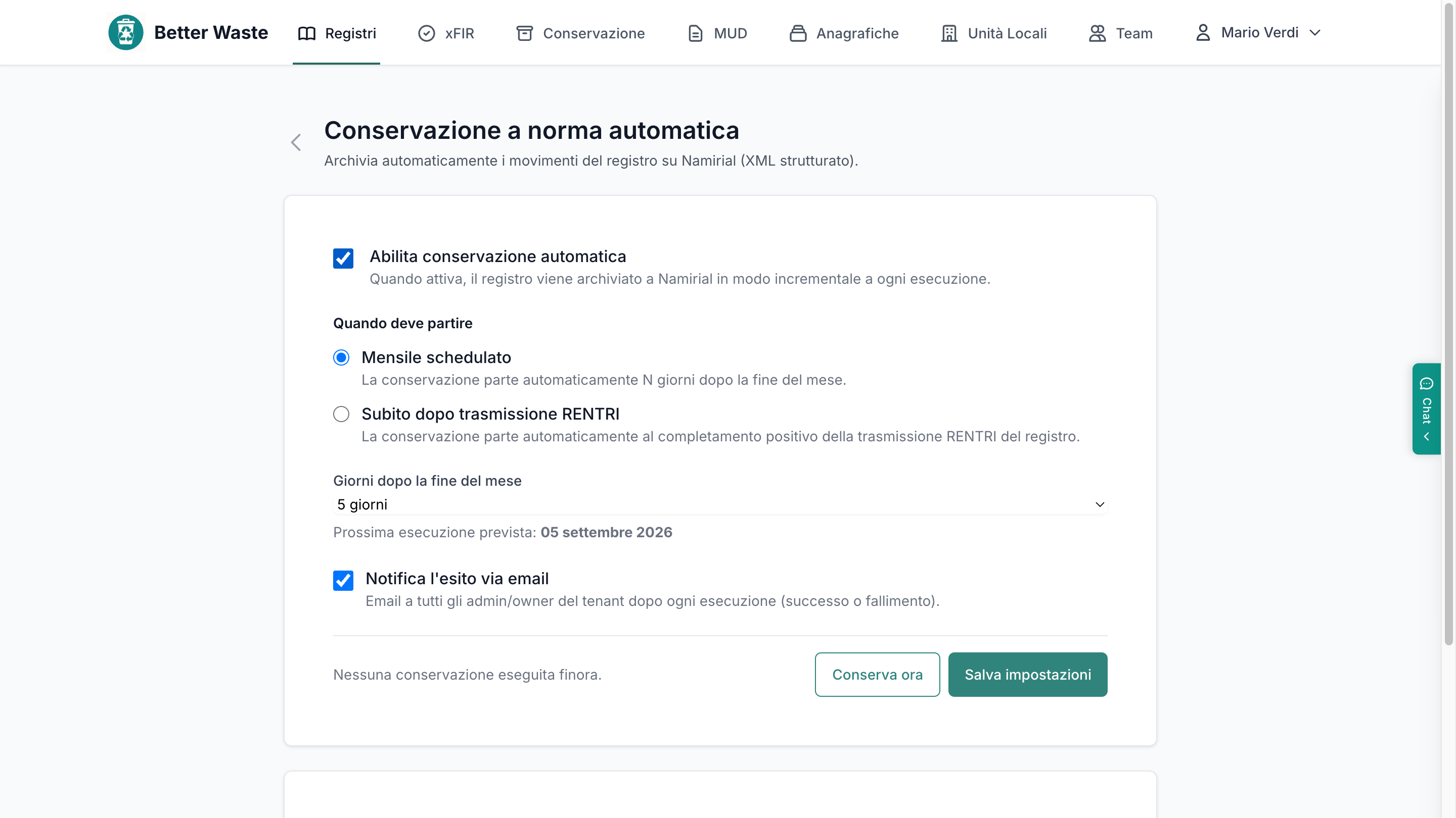 Impostazioni della conservazione automatica del registro