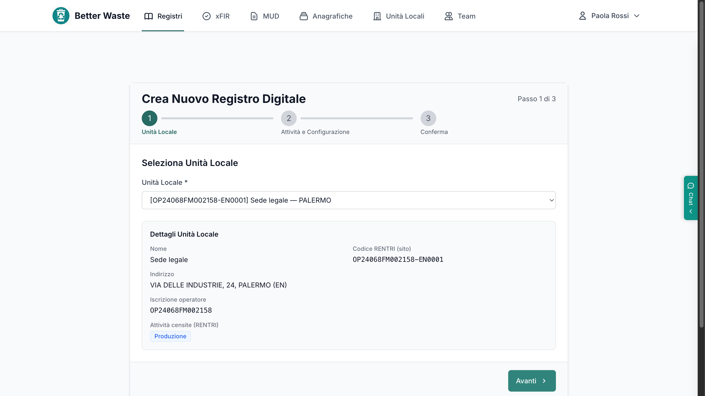 Wizard di creazione registro, selezione dell'unità locale